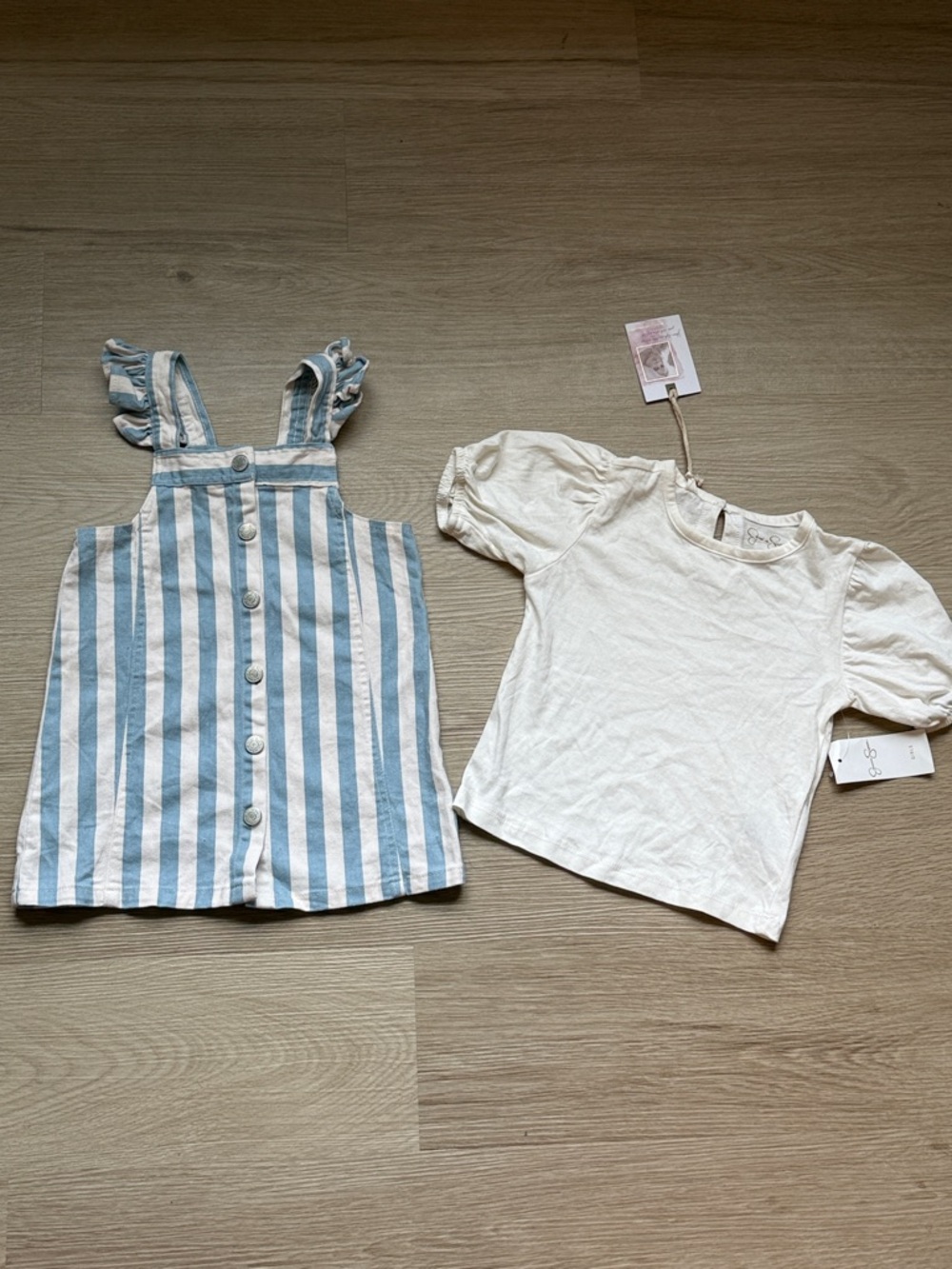 Jessica Simpson Striped Overall Dress with White Tee Top